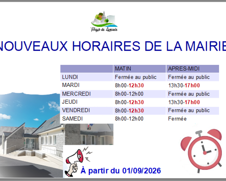 Nouveaux horaires d'ouverture de la Mairie à compter du 01/09/2026